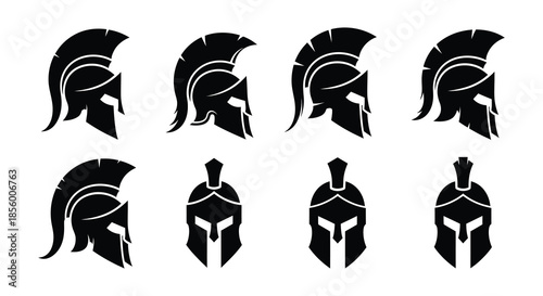 Arrangement of ancient spartan helmets in a black and white grid pattern