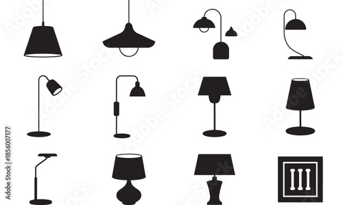 Collection of various lamp silhouettes against a white background illustrating different lighting fixtures and designs