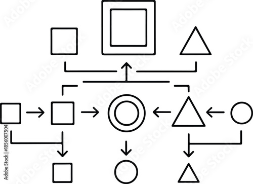 Geometric shapes in a complex diagrammatic arrangement illustrating abstract concepts and relationships