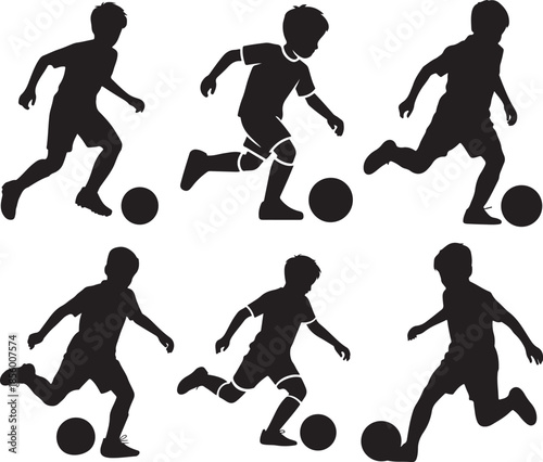 Set of Man Playing Soccer Dribbling Ball Silhouette, Black and White Vector Illustration