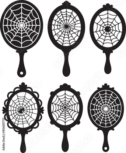 Set of Broken Mirror with Spiderweb Crack Silhouette, Black and White Vector Illustration