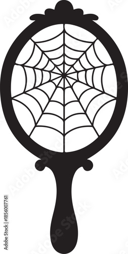 Broken Mirror with Spiderweb Crack Silhouette, Black and White Vector Illustration