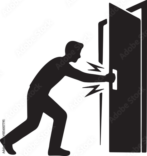 Man Forcefully Closing Door Silhouette, Black and White Vector Illustration