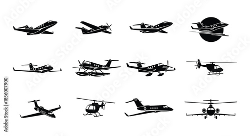 Collection of various aircraft silhouettes jets planes and a helicopter