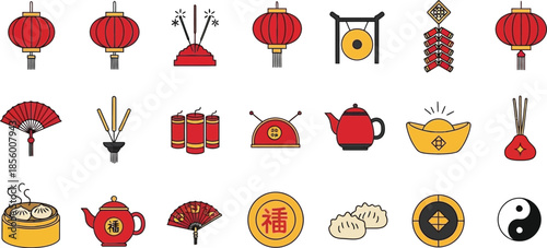 Celebration of culture: a vibrant visual collection of festive icons representing a cherished cultural heritage. conveying themes of prosperity and good fortune.