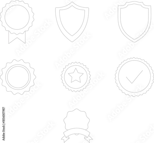 A collection of outline badges and shields representing quality, awards, and achievements