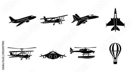 A collection of various aircraft silhouettes including planes helicopters and blimps