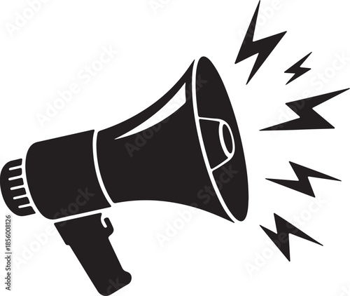 Megaphone with Shattering Effect Silhouette, Black and White Vector Illustration