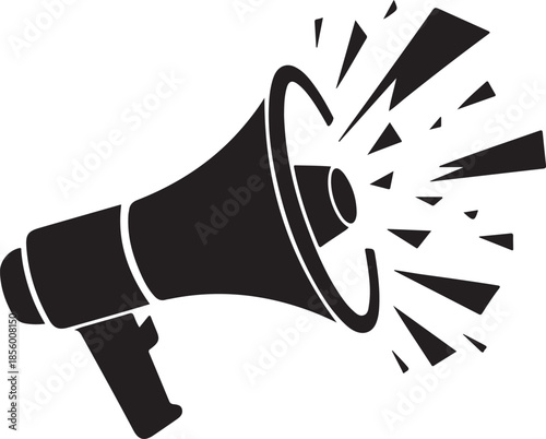 Megaphone with Shattering Effect Silhouette, Black and White Vector Illustration
