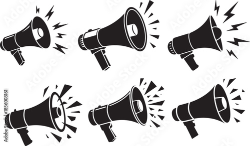 Set of Megaphone with Shattering Effect Silhouette, Black and White Vector Illustration