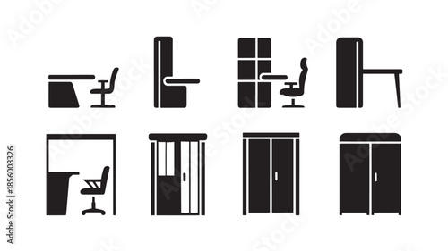 Collection of office furniture silhouettes displayed against a white background