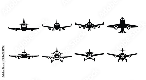 Collection of minimalist black silhouette airplane icons arranged in a grid pattern