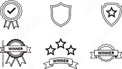 Collection of premium quality, winner, and rating badges with stars and ribbons