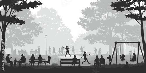 Park scene, grayscale illustration, children playing, benches, swing set, bridge, trees, outdoor activity, community, nature, social interaction, peaceful