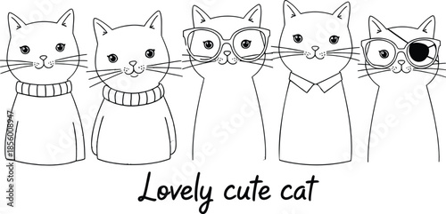 Delightful line art of five cute cats with accessories in a charming valentines style