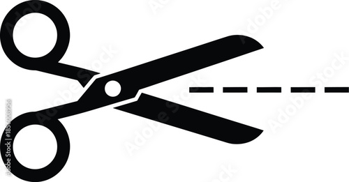 Simple black scissors cutting along a dashed line on a white background for a coupon or craft project