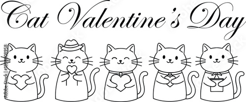 Playful line art illustration of five adorable cartoon cats for valentines day coloring