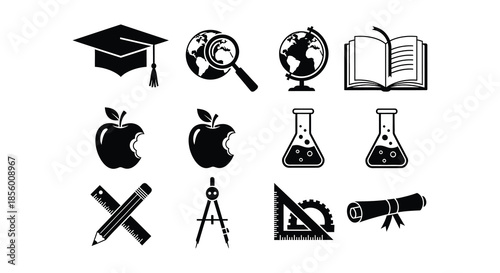 Education symbols books graduation cap study lamp and science equipment