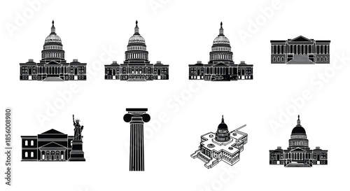 Black and white silhouettes of iconic architectural landmarks and building structures