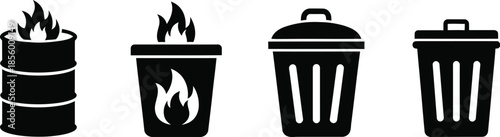 Different types of trash bins and hazardous waste containers with fire symbols for safe disposal of dangerous materials