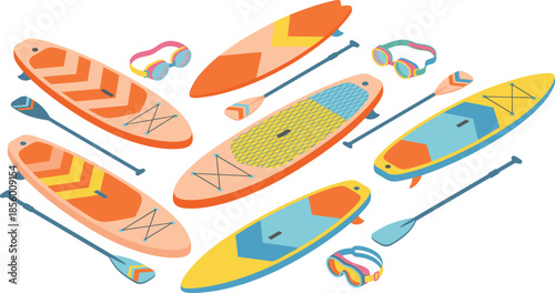 Stand up paddle board equipment illustration set, colorful SUP boards paddles goggles collection, summer water sports isometric vector design