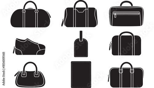 Assorted handbags and accessories displayed against a white background, showcasing various designs and styles.