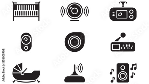 A collection of baby-related icons on a clean white background, viewed from directly above, showcasing various nursery items and gadgets.