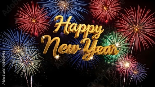 Celebratory Event, Fireworks Display, New Year's Eve, Graphic Design, Night Sky, Aerial View, Cheerful Atmosphere