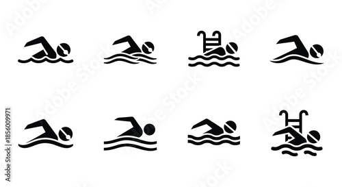 Black and white icons depicting various aquatic sports and related equipment