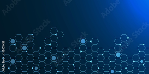 Futuristic molecule structure with hexagons pattern on dark blue background. Minimalist technology innovation and science concept. Vector