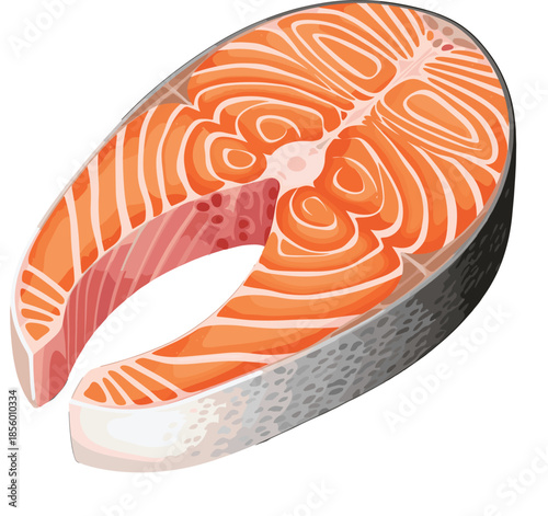 Flat vector illustration of a fresh raw salmon fish steak slice with orange meat and silver skin isolated on white background for seafood menu