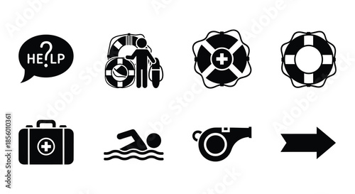 Black and white icons depicting distress signals life preservers and medical assistance
