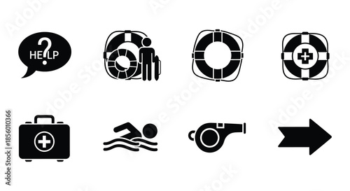 Black and white icons depicting distress signals life preservers and medical assistance