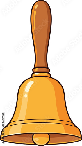 Flat vector illustration of a golden brass hand bell with a brown wooden handle isolated on white background for school service dinner and alert