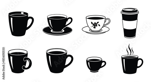 Black and white silhouette illustration of various coffee and tea cups