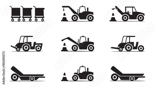 Various heavy machinery vehicles and equipment illustrated in a grid layout