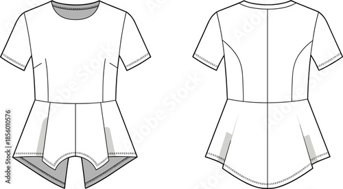 Peplum top sketch, princess seams, high-low hem, curved cutout, fashion flat, garment design, clothing template, apparel illustration, vector outline, feminine style