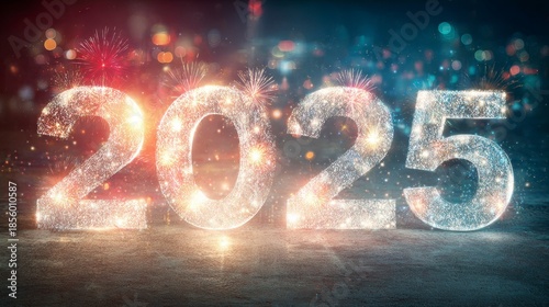 Illuminated 2025 numerals sparkle with light, set against a blurred city background with fireworks