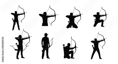 Silhouettes of archers in various poses demonstrating archery techniques and stances