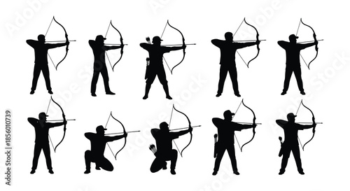 Silhouettes of archers in various poses demonstrating archery techniques and stances