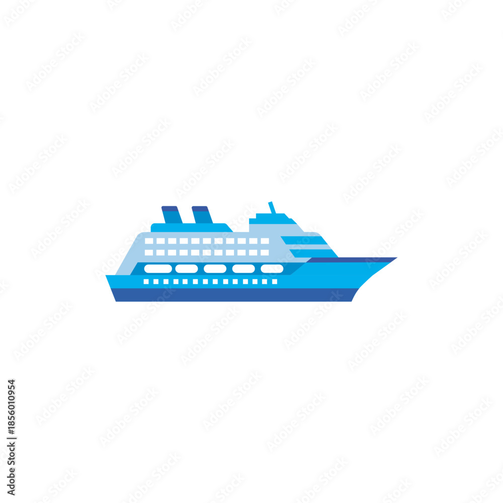 Obraz premium Flat style illustration of a large blue cruise ship sailing, symbolizing luxury vacations, sea travel and international tourism.
