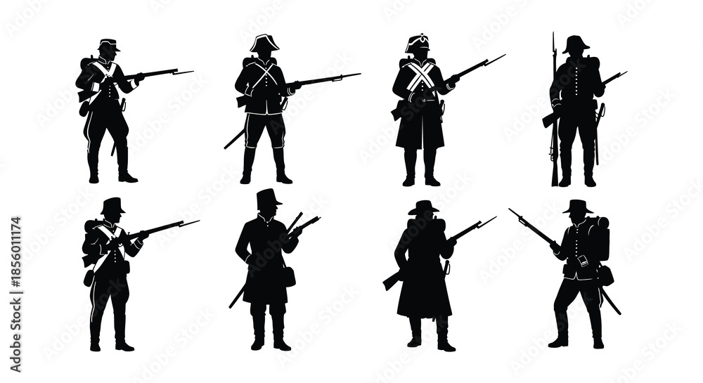 Obraz premium Silhouette depictions of napoleonic soldiers in various military poses and uniforms