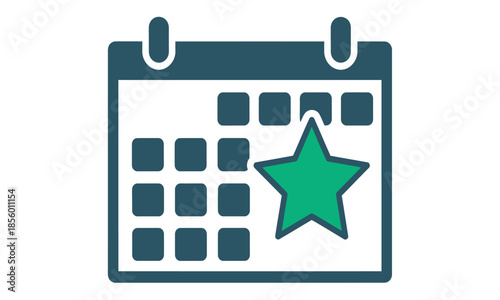 A dark colored calendar icon with a large green star on one of the dates, representing an important day, special schedule, or celebration.