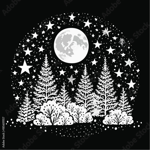 Enchanting monochrome illustration of a moonlit forest under a starry night sky serene