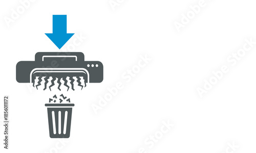 A graphic icon of a paper shredder with a blue arrow pointing down, indicating the process of throwing documents into the trash.