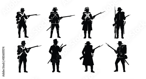 Silhouette depictions of napoleonic soldiers in various military poses and uniforms