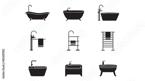 Collection of various bathroom fixtures and fittings illustrated in black and white