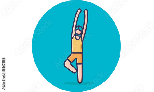 A cartoon character in a turquoise circle is doing the yoga tree pose (Vrikshasana) with his arms raised up for balance