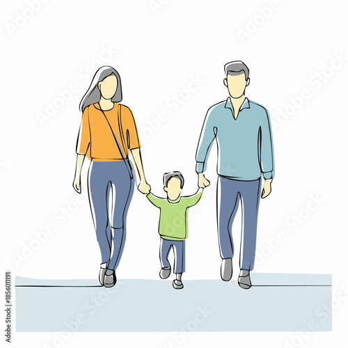 Family bonding together hand in hand walking in a park minimal illustration design