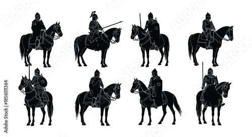 Silhouette study of equestrian figures in various poses a historical depiction